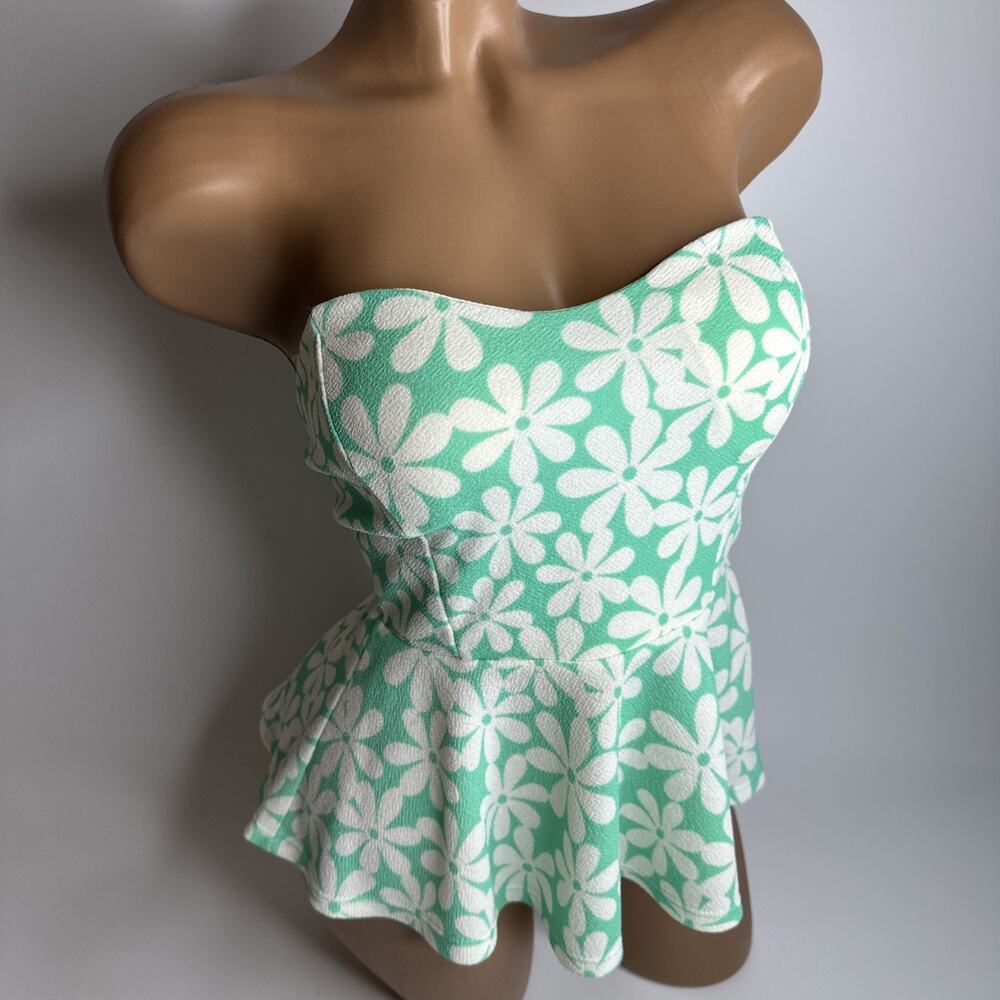 Love Culture Y2K Green Daisy Floral Peplum Bustier Strapless Tube Top Medium EUC